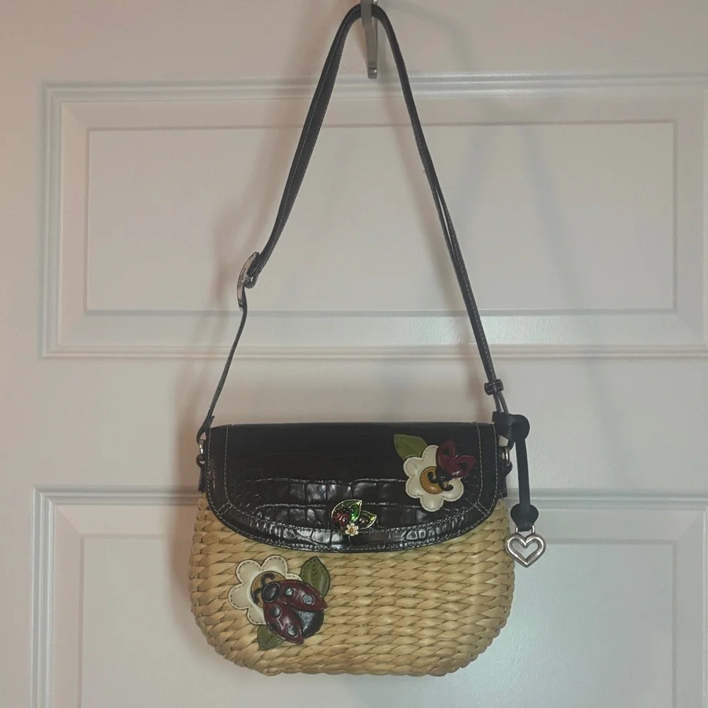 VTG Brighton Ladybug Appliqué Rattan Vegan Leather Crossbody Bag Cottagecore - Picture 3 of 15